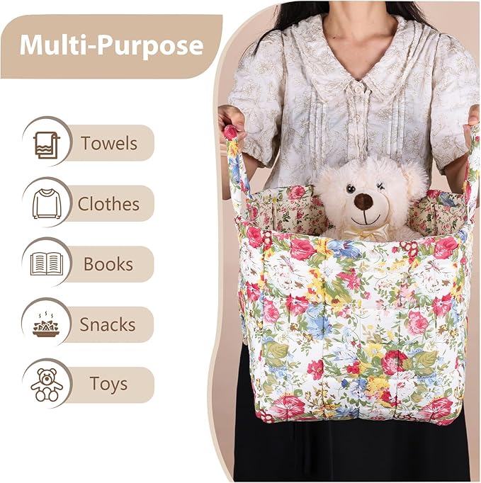 Storage Basket Boho Fabric Large Collapsible Floral Laundry Nursery Hamper Portable Folding Storage for Clothes Toys (Green)