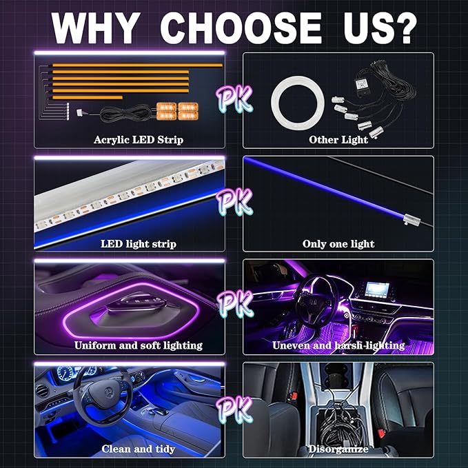 Acrylic Interior Car Lights, WEBUPAR Car Accessories 10 in 1 Car LED Strip Lights with APP Control, 175 inches 593 LEDs Fiber Optic Lights, RGB Neon Light Kits