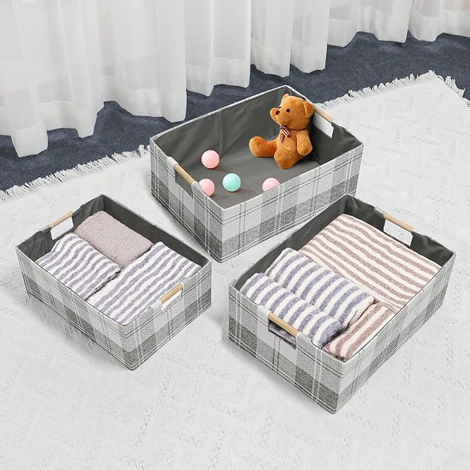 Fabric Storage Bin Box Collapsible Cotton Linen Storage Cube with Wooden Handles Rectangular Decorative Home Organizer Clothe