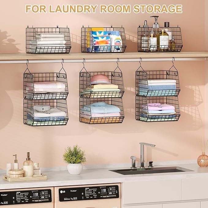6 Tier Closet Hanging Organizer, Clothes Hanging Shelves with 4 Hanging Hooks 5 S Hooks, Wire Storage Basket Bins, for Clothi