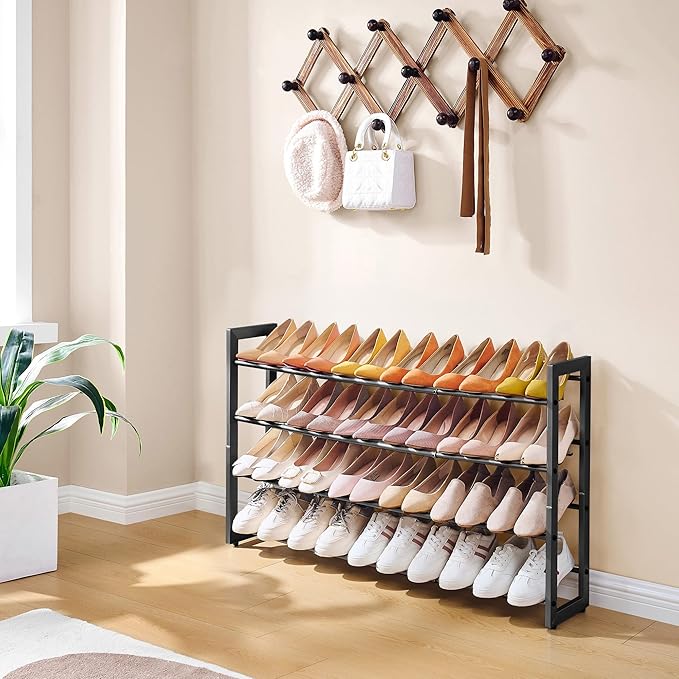 FAVOOSTY 4-Tier Expandable Shoe Rack, Adjustable Shoe Shelf Storage Organizer Space Saving Metal Free Standing Shoe Rack for 
