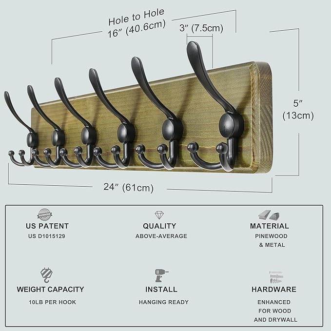 Dseap Coat Rack Wall Mounted - 24" Long 6 Tri Hooks, Heavy Duty Wooden Wall Coat Hanger Coat Hook for Clothes Hat Jacket Clot