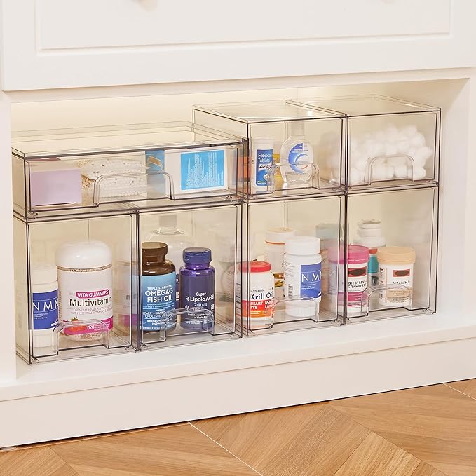 Vtopmart 7.6" H Clear Stackable Storage Drawers, 2 Pack Plastic Organizers Bins for Skincare, Cosmetics,Beauty Supplies,Ideal