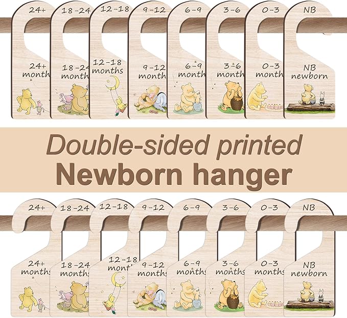 8Pcs Winnie Baby Closet Dividers, Double-Sided Wooden Baby Clothes Organizer for Classic Pooh Wardrobe