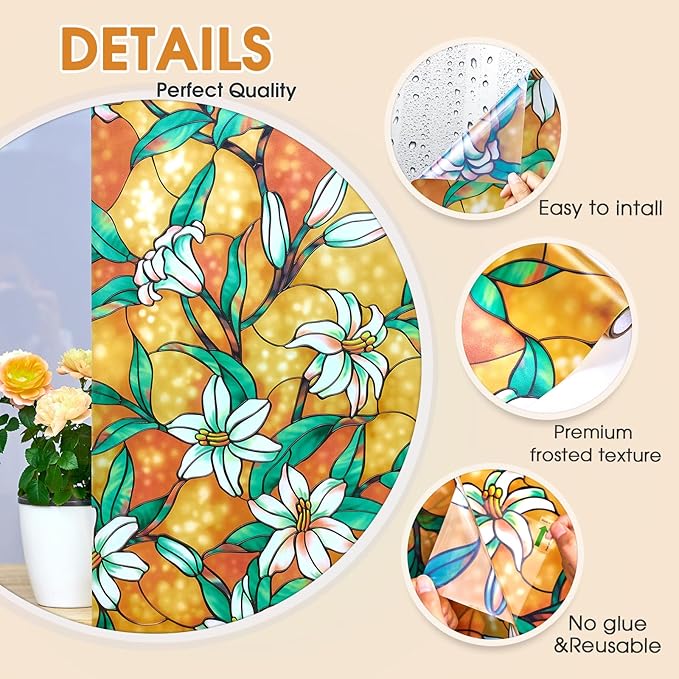Coavas Decorative Window Privacy Film, Heat Control Sun Blocking Stained Glass Window Film, Floral Design Static Cling, Non Adhesive Windows Tint for Bathroom Front Door(Vinyl, 29.5" x 78.7 ")