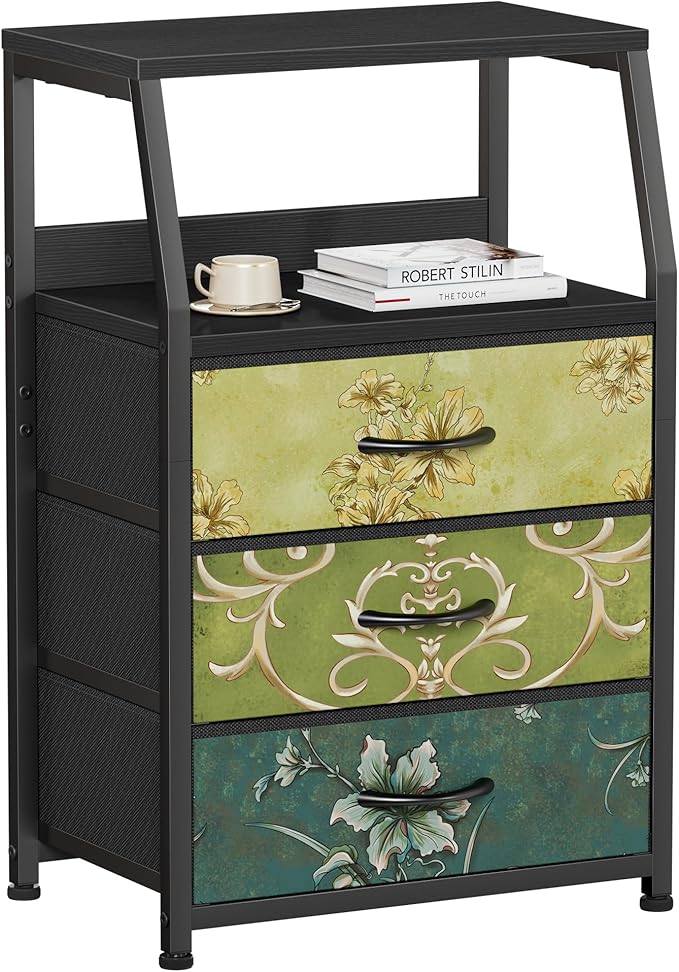 Furnulem Retro Night Stand with 3 Drawers and 2-Tier Shelf, Small Nightstand Side Table, Vintage Storage Dresser for Bedroom,