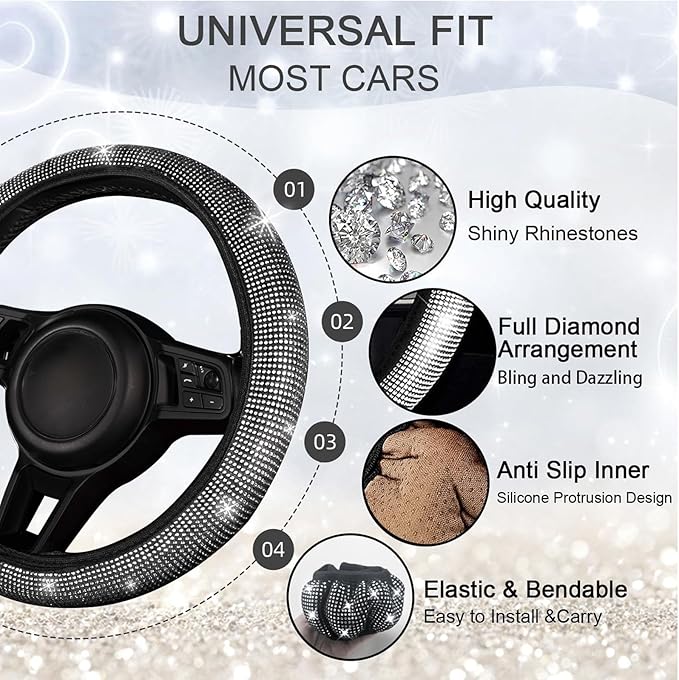 NBTEPEM 30 Pcs Bling Car Accessories Set for Women, Silver Steering Wheel Cover Set, Bling Console Cover, Seat Belt Cushion, Shift Knob Cushion, Cup Holder Coaster, Rhinestone Car Hanging Accessories