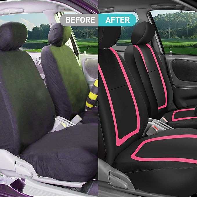 FH Group Unique Flat Cloth Full Set Car Seat Covers w. Silicone Steering Wheel Cover- Universal Fit for Most Cars, Trucks, SUVs or Vans (Pink/Black)