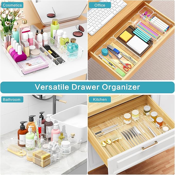 Manalete Drawer Organizers Set of 65, 4 Sizes Clear Plastic Drawer Organizers and Storage Bins for Kitchen, Bathroom, Office,