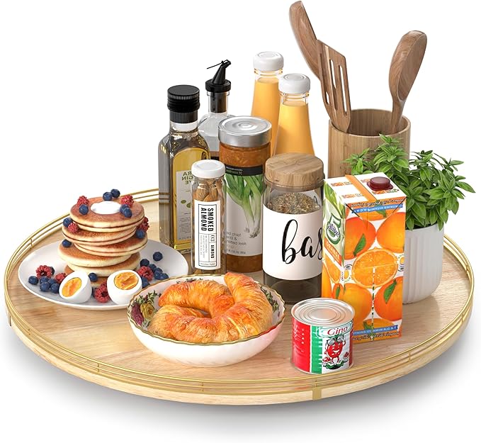 21-Inch Wooden Lazy Susan Turntable – Premium Oak & Iron, Extra Large Rotating Serving Tray for Dining Table, Kitchen Counter