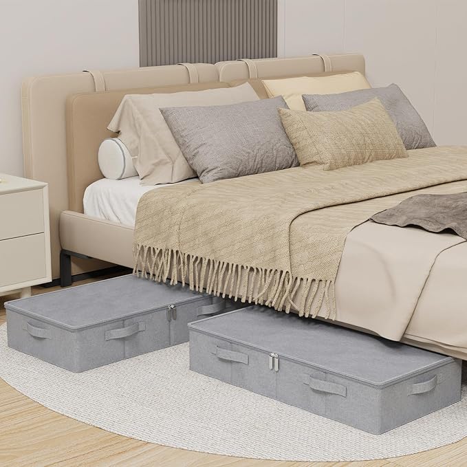Underbed Storage Bin, Foldable Under Bed Flat Baskets Organizer, Container boxes with Lid for Organizing Clothes, Sheets, Bla