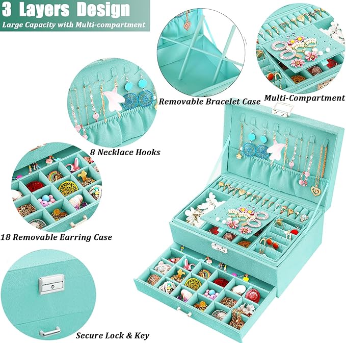 QBestry 3-Layer Jewelry Box for Girls & Teens with Lock and Key, Large Jewelry Organizer with 8 Necklace Hooks & 56 Earring H