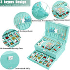 QBestry 3-Layer Jewelry Box for Girls & Teens with Lock and Key, Large Jewelry Organizer with 8 Necklace Hooks & 56 Earring H