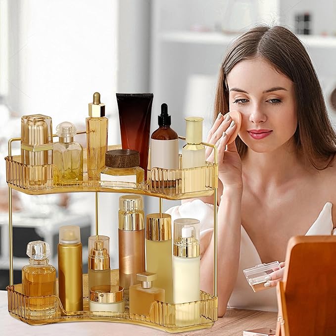 Corner Bathroom Counter Organizer Bathroom Countertop Shelf Makeup Organizer for Vanity Perfume Tray for Corner Storage (2 Ti