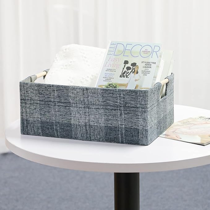 Fabric Storage Bin Box Collapsible Cotton Linen Storage Cube with Wooden Handles Rectangular Decorative Home Organizer Clothe