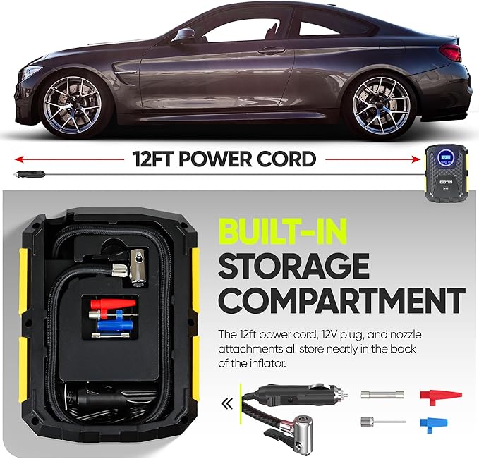FORTEM Tire Inflator Portable Air Compressor, Air Pump for Car Tires and Bikes, Car Tire Pump w/Auto Shut Off, 150 PSI, 12V DC, LED Light, Carrying Case, for Men, Women