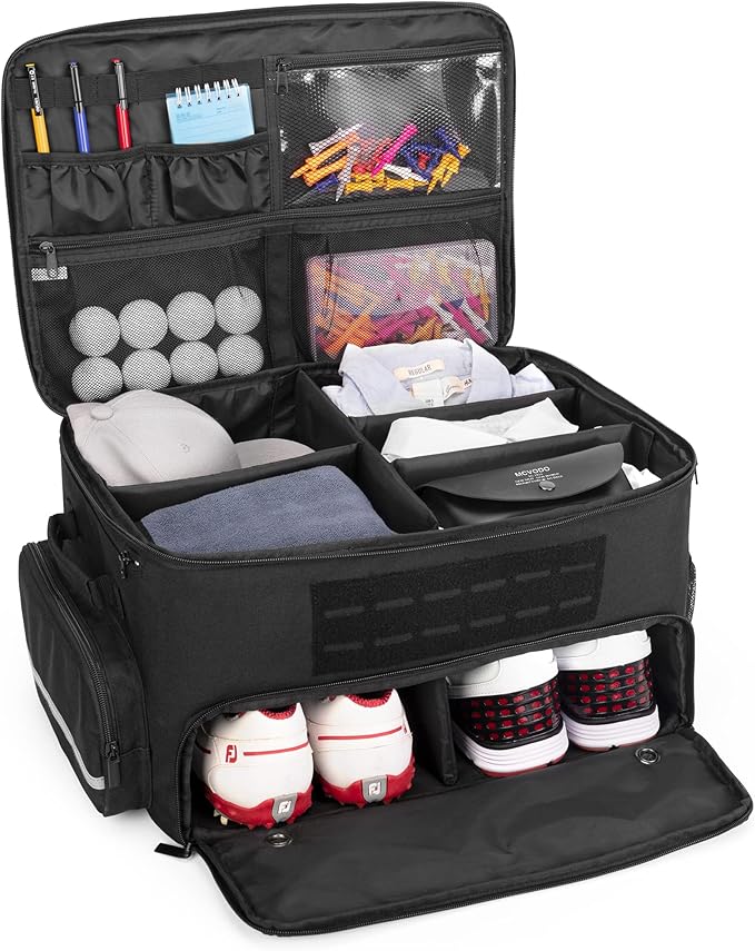 Golf Trunk Organizer Storage with Separate Compartment for 2 Pair Shoes Up to US Mens 16, Golf Car Locker Organizer for