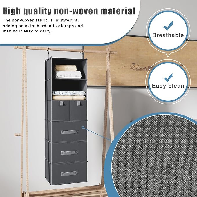 6-Shelves Hanging Closet Organizer with 5 Different Drawers, Foldable Organizers and Storage for Wardrobe, Closet& RV, Clothe