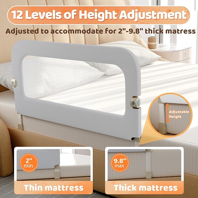 omzer Large Bed Guard Rail for Toddlers - 59inch Foldable & Adjustable Heights Baby Bed Safety Railing - Toddler Long Bed Rai