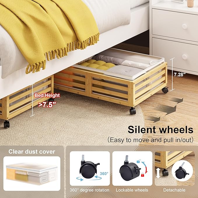 Under Bed Storage Containers With Wheels - 2 Pcs Bamboo Wood Rolling Underbed Shoe Storage Bins With Dust Bags for Clothes Bl