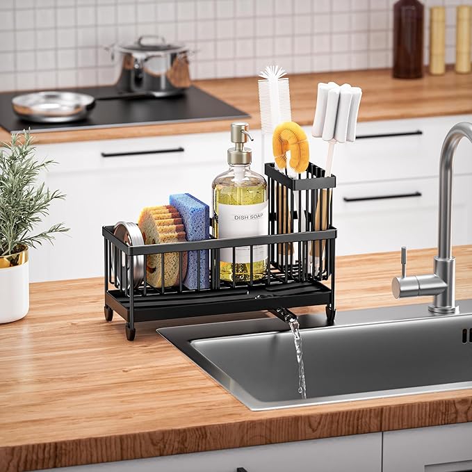 Cisily Sponge Holder for Kitchen Sink, Sink Caddy Organizer with High Brush Holder, Kitchen Countertop Organizers and Storage
