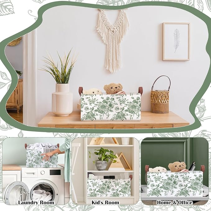 Boao 3 Pcs Sage Green Floral Storage Bin Collapsible Large Storage Baskets for Gifts Canvas Laundry Basket Foldable Box with 