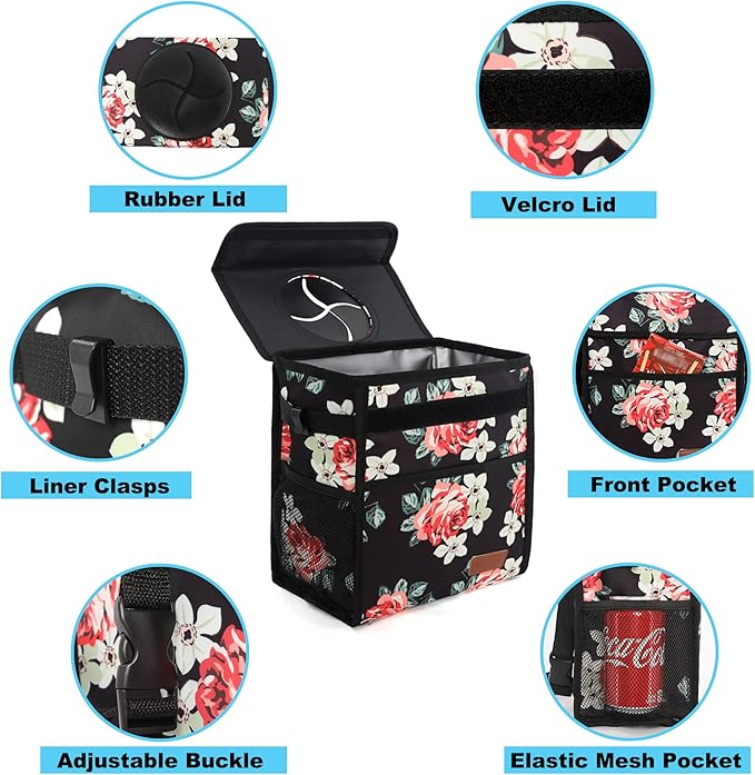 Car Trash Can Leak Proof Car Trash Bag Waterproof Car Garbage Can with Lid Collapsible and Portable with Storage Pocket, Large/Flower, 3 Gallons