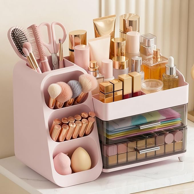 Large Capacity Makeup Organizer Countertop with Makeup Brush Holder for Vanity, Thickened Material, Bathroom Countertop Organ