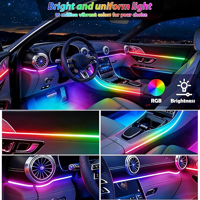 Car Led Strip Lights, Interior Car Lights, App and RF Remote Control Ambient Lighting Kit with RGB 16 Million Colors Fiber Optics&Music Sync Rhythm, USB Neon Light Accessories for Center Console&Door