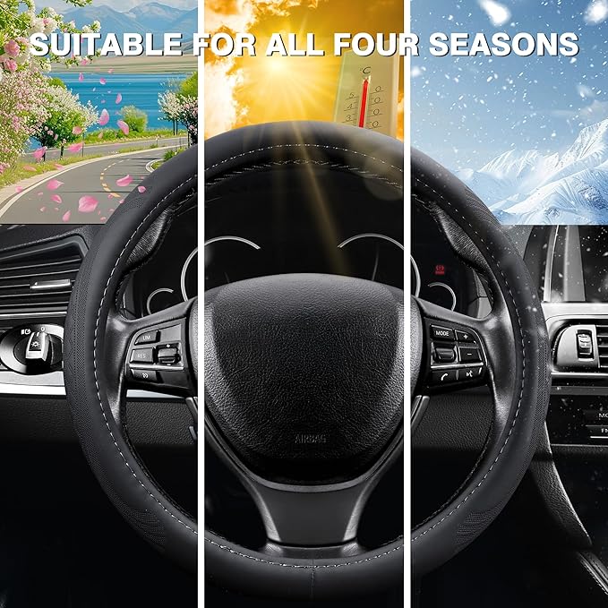 【2025 Model】 Breathable Soft Leather Car Steering Wheel Cover for Men Women, Non-Slip, Comfortable,Universal 15 inches Steeri