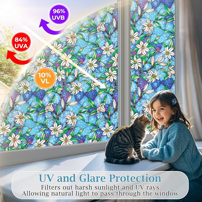Coavas Decorative Window Privacy Film, Heat Control Sun Blocking Stained Glass Window Film, Floral Design Static Cling, Non Adhesive Windows Tint for Bathroom Front Door(Vinyl, 47.2" x 157.4 ")