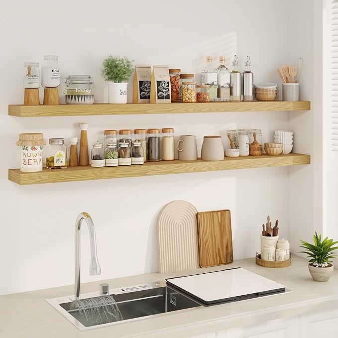 Fun Memories 66 Inch Fireplace Mantel - Long Floating Shelf, Wall Mounted Farmhouse Display with Invisible Heavy Duty Metal B