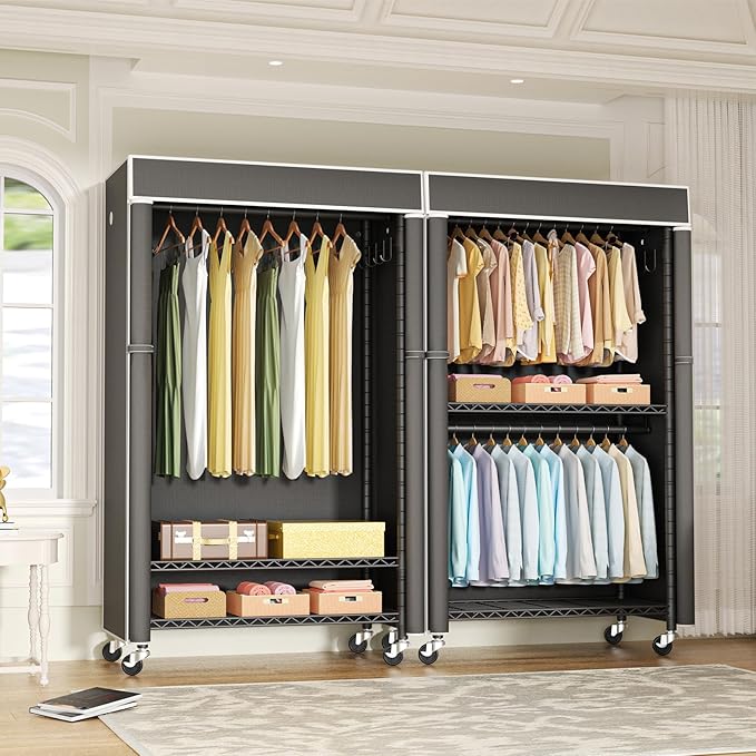 FUTASSI Black Clothing Rack with Dark Gray Cover, P1C Rolling Closets with Wheels, Metal Garment Rack for Hanging Clothes, Cl