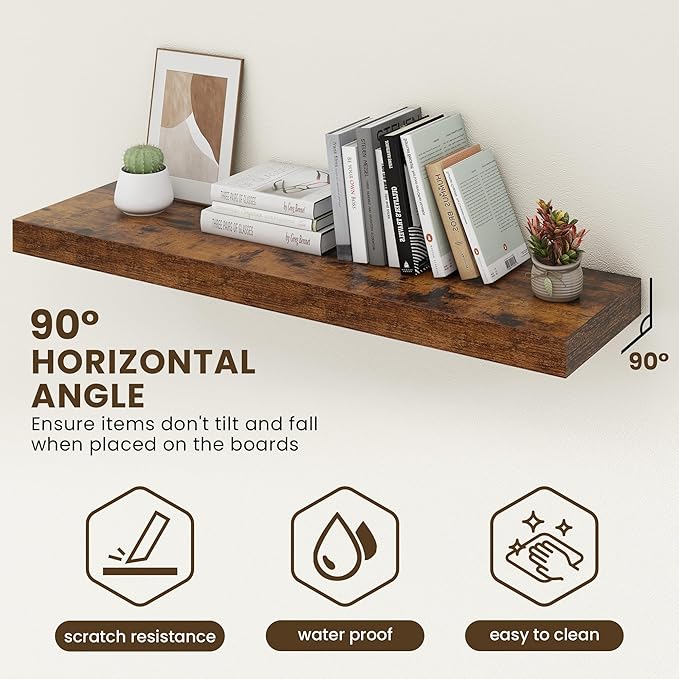 48 Inch Floating Shelves | 12 Inch Deep Floating Shelves Set of 1 | 48" W x 12" D Rustic Brown Wood Wall Shelves for Bathroom