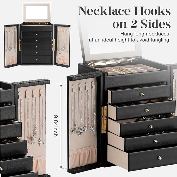 Dajasan Large Jewelry Organizer Box with 5 Drawers, Jewelry Box for Women, 6-Tier Jewelry Storage Organizer with Mirror for N