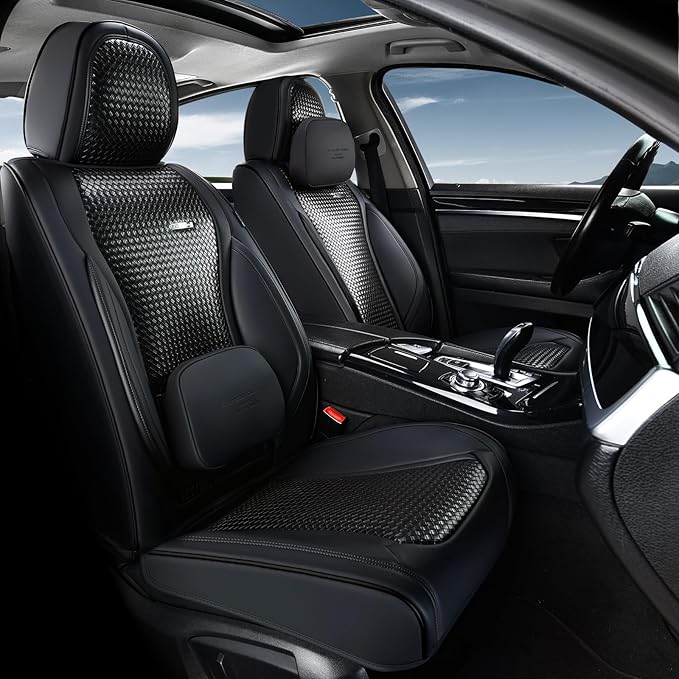 Coverado Seat Covers, Car Seat Covers Front Seats, Waterproof Nappa Leather Auto Seat Cover with Lumbar Head Pillow, Black Se