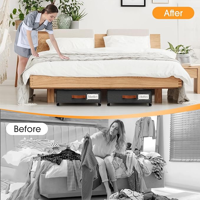 Under Bed Storage with Wheels 2Pack Storage Containers with Clear Window&Label Under Bed Drawers Rolling Under Bed Storage fo