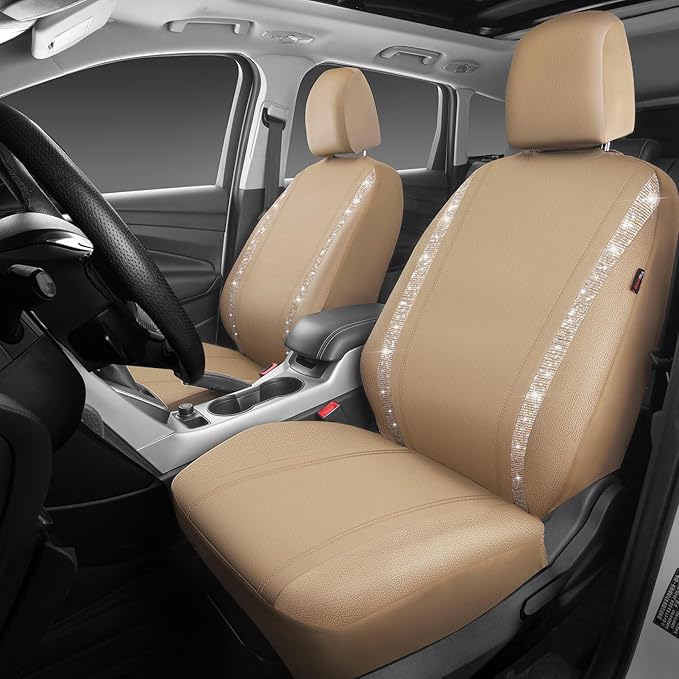 CAR PASS Leather Bling Diamond Car Seat Covers 2 Front Interior Sets, Waterproof Universal Shining Glitter Crystal Sparkle Fit for 95% Automotive Truck SUV Cute Women Girl, Beige Rhinestone