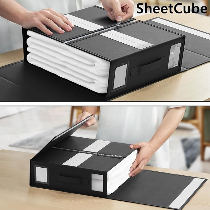 SheetCube Bed Sheet Organizers and Storage 6 Pack, Foldable Linen Closet Organizer with Window and Label, Bedding Folder Stor