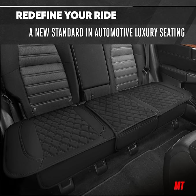 Motor Trend Rear Seat Cushion - Black Diamond Stitched Faux Leather Rear Seat Cover for Cars, Trucks, SUVs - Padded, Waterpro