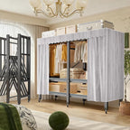 YTLEMON Heavy Duty Wardrobe Closet with Cover, Metal Rolling Clothes Rack, Foldable Portable Closet Organizer System Freestan