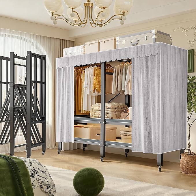 YTLEMON Heavy Duty Wardrobe Closet with Cover, Metal Rolling Clothes Rack, Foldable Portable Closet Organizer System Freestan