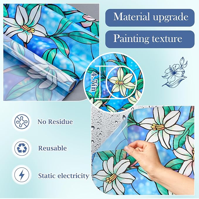Coavas Static Cling Privacy Window Film, 96% UV & Heat Blocking, Stained Glass Window Film Floral Design, Non-Adhesive, for Bathroom, Front Door, Shower Enclosure‌ (Vinyl, 35.4" X 78.7 ")