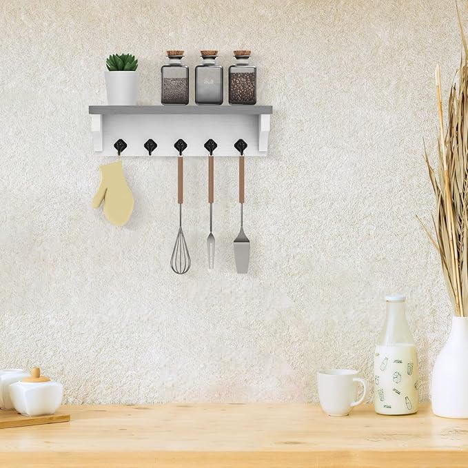 Nekon Key Holder for Wall, 11.8" W x 3.5" H x 2.8" D Decorative Key Organizer with Floating Shelf, Wall Mount Key Rack with 5