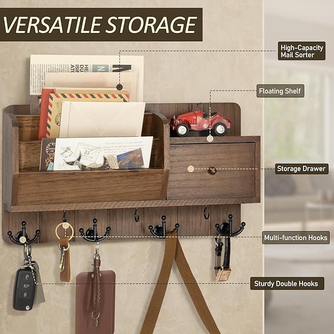 Rebee Vision Key and Mail Holder Wall Mount - Mail Organizer Wall Mount with Storage Hooks and Drawer for Modern Farmhouse De