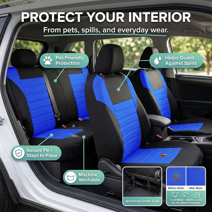 FH Group Automotive Car Seat Covers Full Set Premium 3D Air Mesh Front Seat Covers, Airbag Compatible & Split Bench Cover Uni