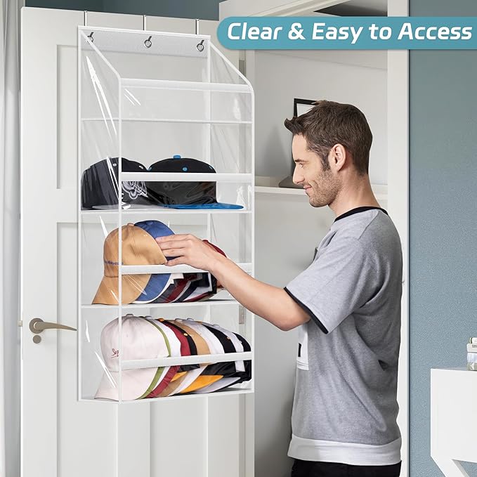 AOODA Clear Over the Door Hat Racks for Baseball Caps, Hold 48 Caps Hat Storage Organizer for Closet Wall, Deep Pockets Hangi