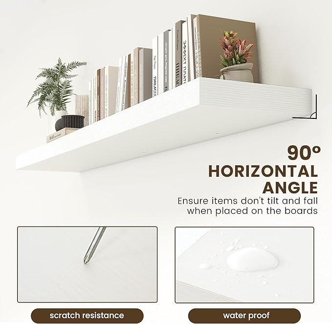 72 Inch White Floating Shelf | 12 Inch Deep Floating Shelves Set of 1 | 72" D x 12" D Rustic Wood Shelves for Wall | Deep Whi
