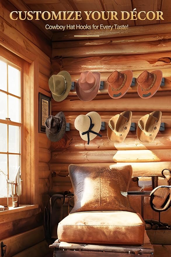 Cinati Cowboy Hat Rack for Wall, 8 Pack Cowboy Hat Holder Wall Mount, Western Rustic Metal Hats Hooks for Western-Hat, Fedora