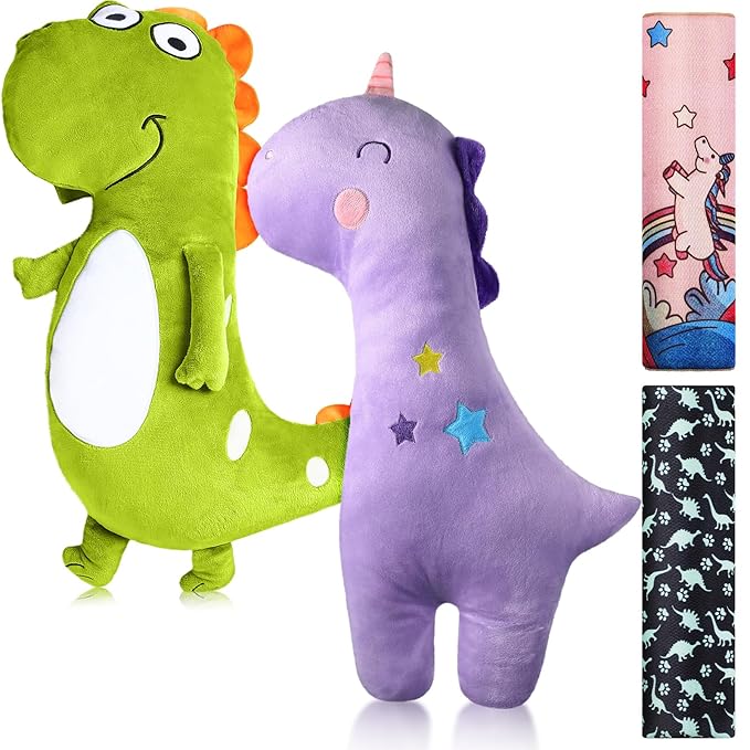 Tuanse 4 Pack Car Seat Belt Covers for Kids Seatbelt Pillow Unicorn Dinosaur Baby Car Seat Strap Covers Head Rest Support Shoulder Pads for Baby Girls Boys Travel